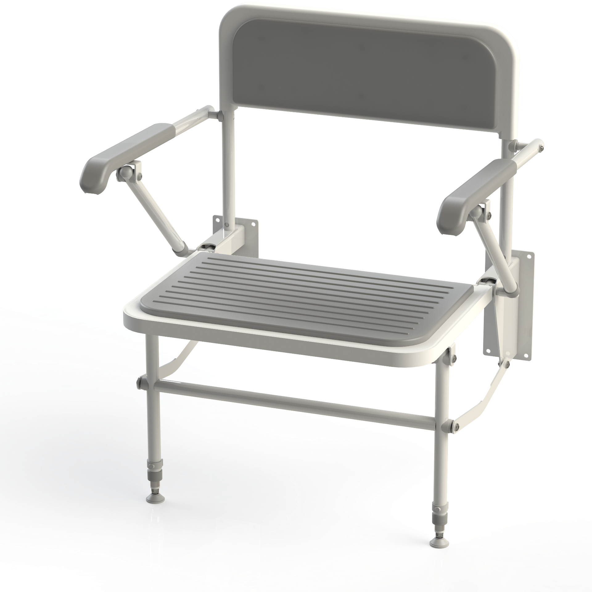 Wall Mounted Extra Wide Shower Seat - Back, Arms, Legs, Padded , White Frame 