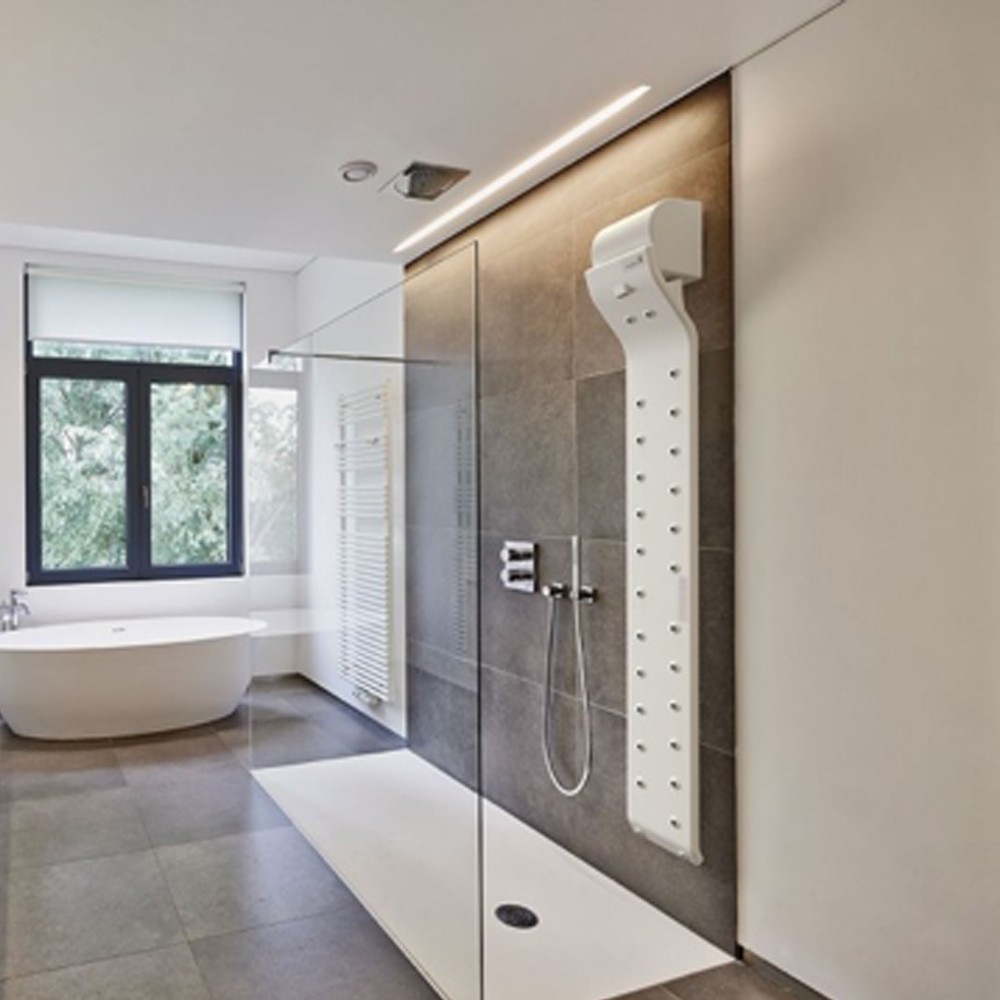 Discover the Valiryo Body Dryer – an innovative, fully automated drying device that replaces towels with a skin-nourishing, antibacterial air stream. Easily installable inside or outside the shower, it offers uniform drying from head to toe in three minutes. With 27 air diffusers, adjustable temperature and intensity, and a motion sensor, it ensures a hygienic, relaxing experience. Ideal for wellness, limited mobility, and skin care. Request a quote today!